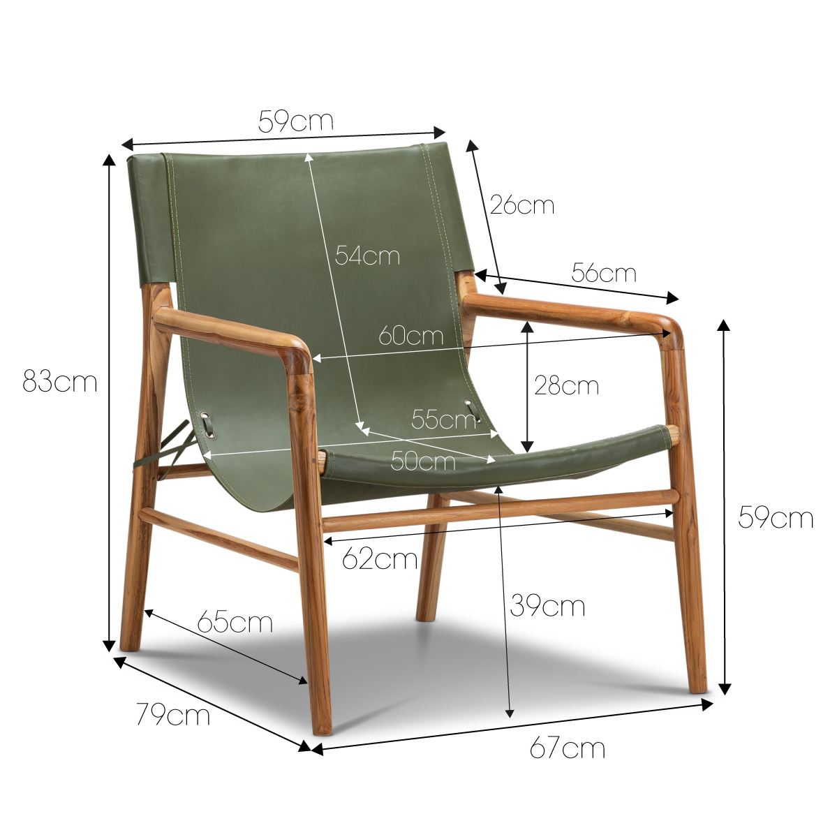 Norah Leather Sling Teakwood Armchair in Olive Green L3 Home