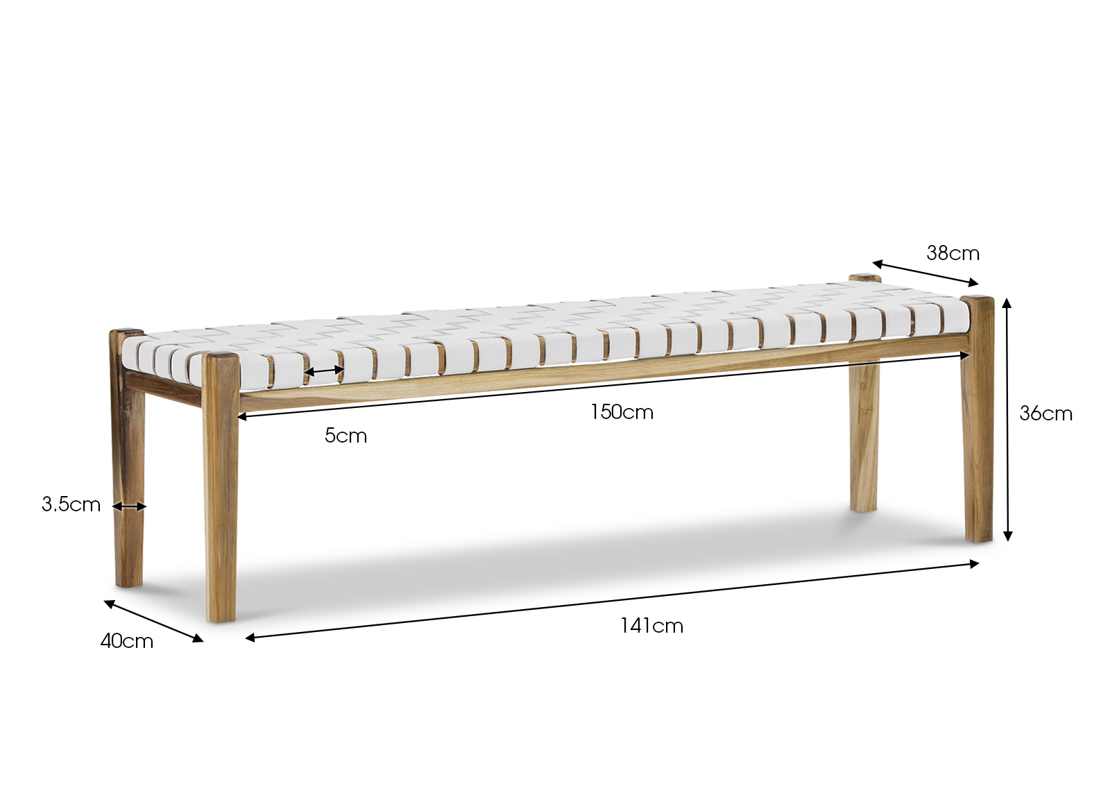 Lazie Bench Leather Strap 150cm in White L3 Home