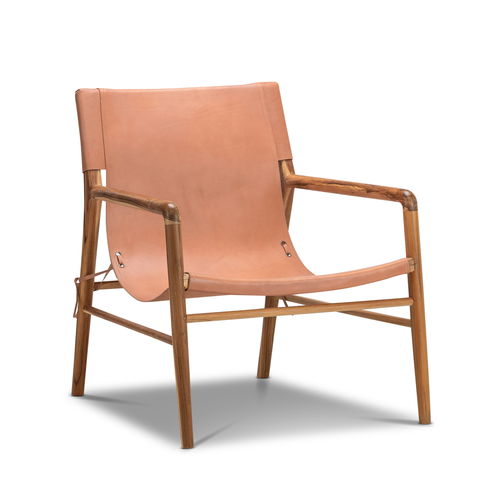 Norah Leather Sling Teakwood Armchair, Sling Leather Chair