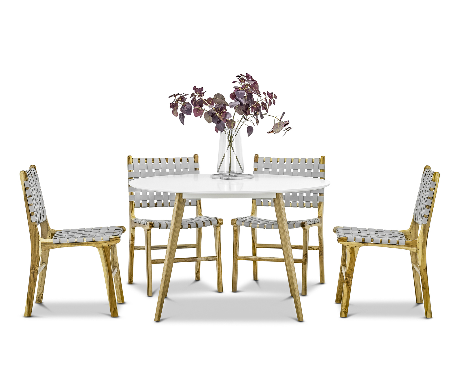 Line White Round 120cm Dining Table with 6x Lazie Woven Leather Teak