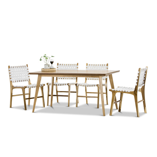 Bruno 7 Piece Dining Set with 6 White Lazie Leather Strapping Chairs