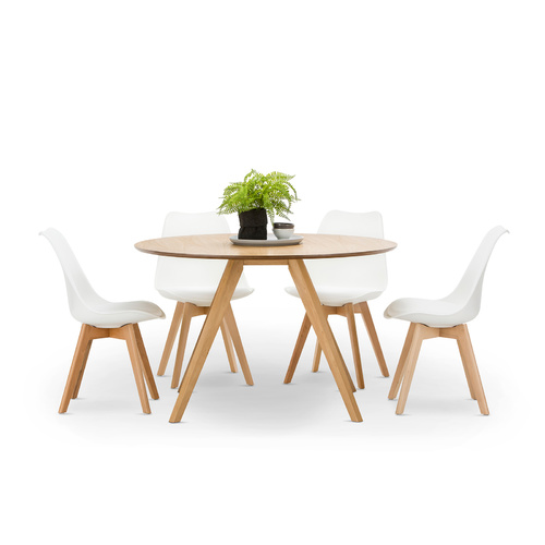 Milari 7 Piece Round Dining Set with 6 Replica White Padded Eames Chairs