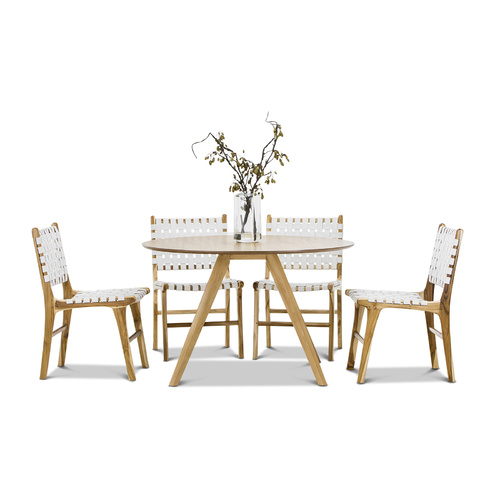 Milari 5 Piece Round Dining Set with 4 White Lazie Leather Strapping Chairs