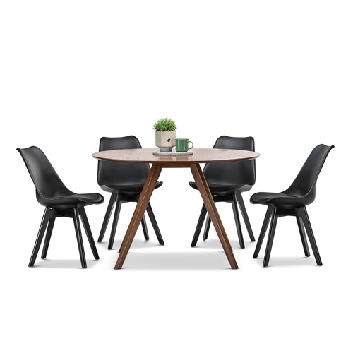 Milari 5 Piece Round Dining Set with 4 Replica All Black Padded Eames Chairs, Walnut