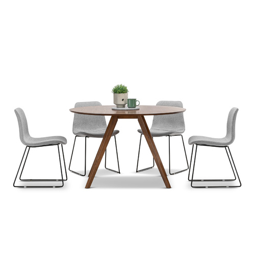 Milari 7 Piece Round Dining Set with 6 Grey Sadel Fabric Chairs, Walnut