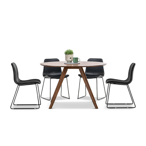 Milari 5 Piece Round Dining Set with 4 Black Sadel Chairs, Walnut