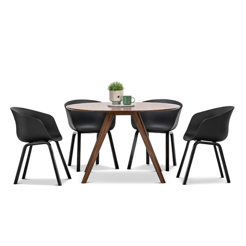 Milari 5 Piece Round Dining Set with 4 Replica Black Hay Scoop Chairs, Walnut