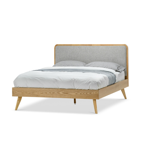 Stella Queen Bed, Light Grey Upholstery & Natural Oak