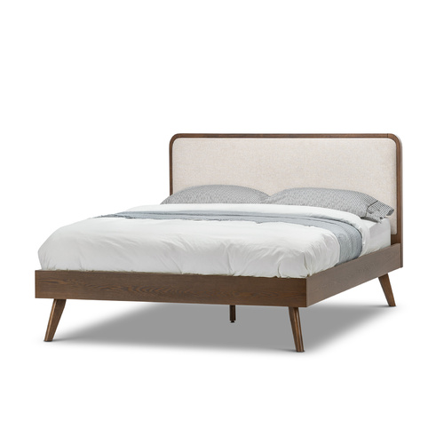 Stella Queen Bed, Light Beige Upholstery & Walnut