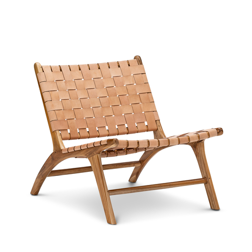 Lazie Leather Strapping Lounge Chair, Teak & Natural Tan