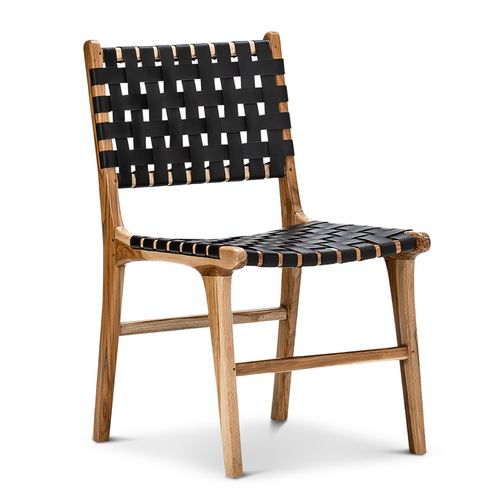 Lazie Leather Strapping Dining Chair, Teak & Black (Set of 2)
