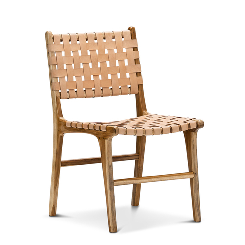 Lazie Leather Strapping Dining Chair, Teak & Natural Tan (Set of 2)