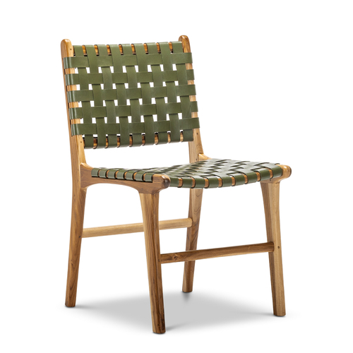 Lazie Leather Strapping Dining Chair, Teak & Olive Green (Set of 2)