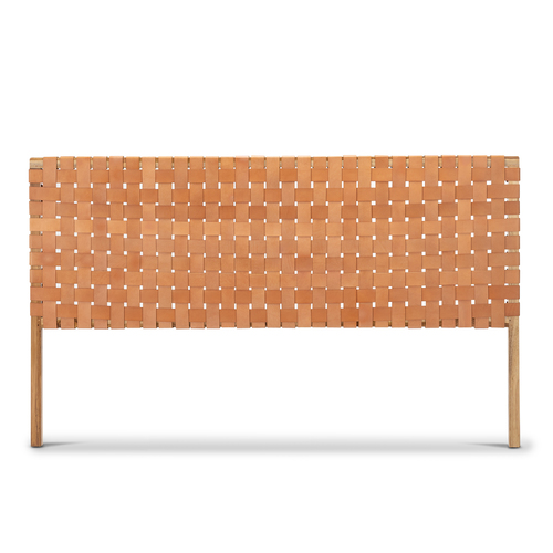 Lazie Leather Strapping King Size Bedhead, Teak & Natural Tan
