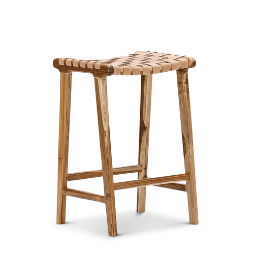 Lazie 66cm Leather Strapping Bar Stool, Teak & Natural Tan