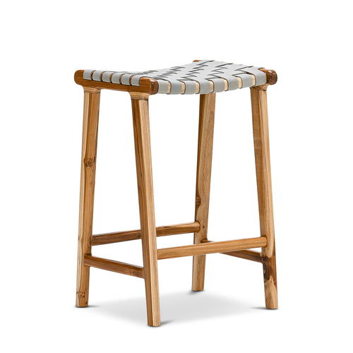Lazie 66cm Leather Strapping Bar Stool, Teak & Light Grey