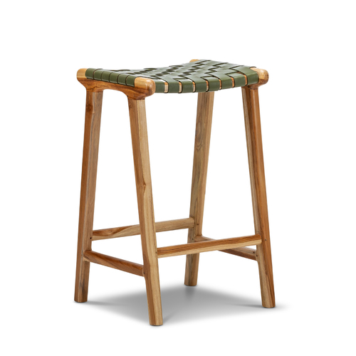 Lazie 66cm Leather Strapping Bar Stool, Teak & Olive Green