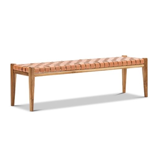Lazie Leather Strapping Bench, Teak & Natural Tan