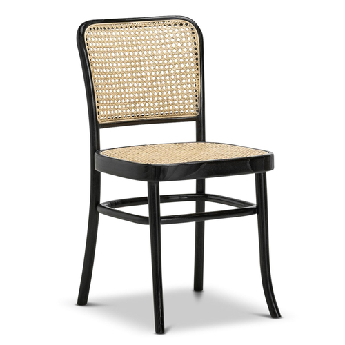Prague Solid Teak Bentwood Cane Dining Side Chair, Black & Natural (Set of 2)