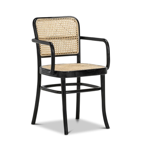 Prague Solid Teak Bentwood Cane Dining Arm Chair, Black & Natural