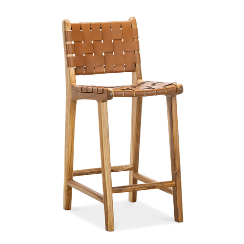 Lazie Woven Leather Counter Barstool, Coco Tan