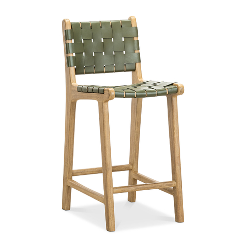 Lazie Woven Leather Counter Barstool, Olive Green