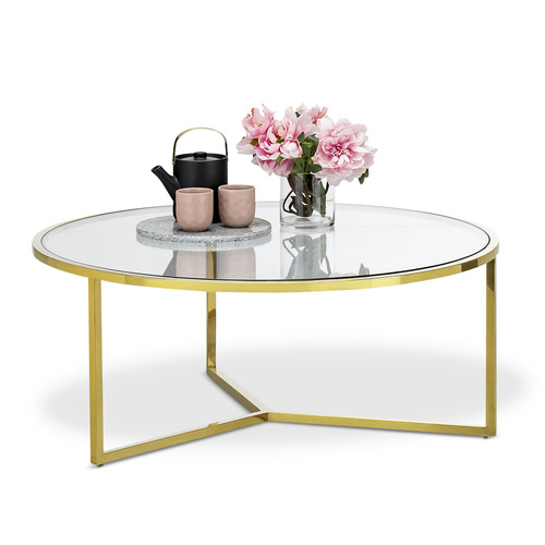 Bianka Round Glass Coffee Table, Polished Gold