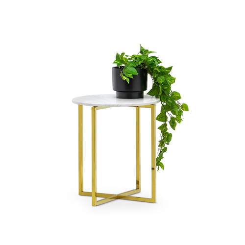 Ellie Marble Round Side Table, White & Polished Gold