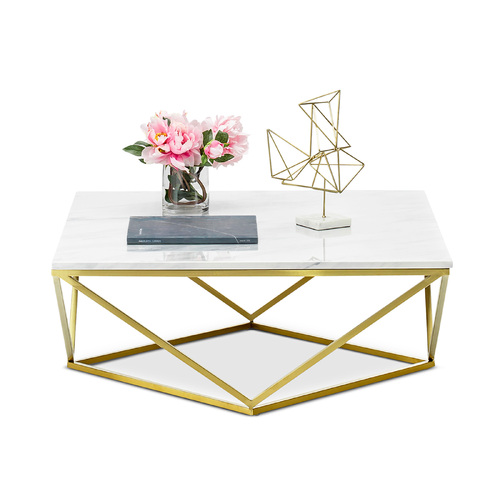 Vivianne Marble Square Geo Coffee Table, White & Brushed Gold