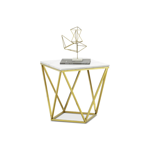 Vivianne Marble Geo Side Table, White & Brushed Gold