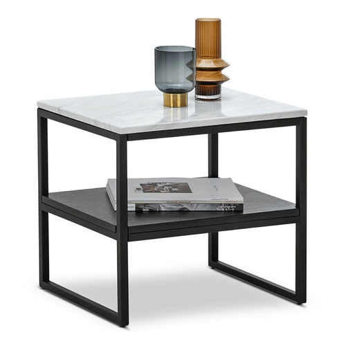 Ebonie White Marble Square Side Table, Black