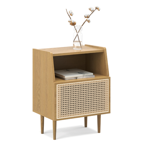 Indah 1 Door Rattan Side Table Cabinet, Natural Oak