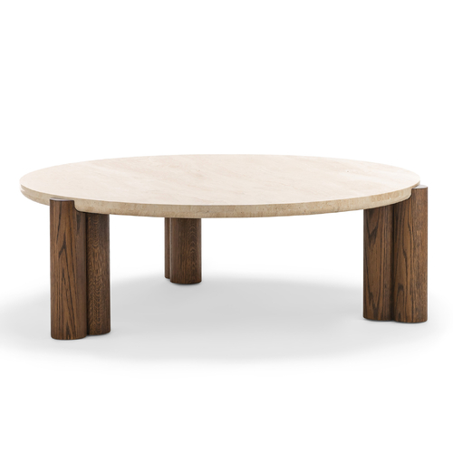 Amaya 110cm Round Travertine Coffee Table, Cream & Brown Oak 