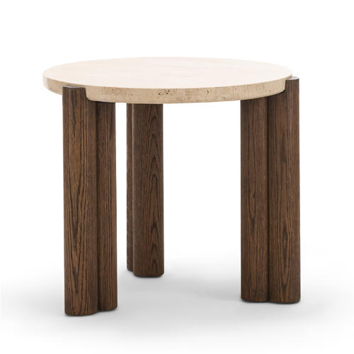 Amaya 55cm Round Travertine Side Table, Cream & Brown Oak 