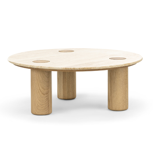 Ayra 100cm Round Travertine Coffee Table, Cream & Natural Oak