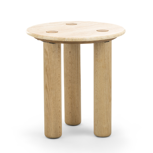 Ayra 45cm Round Travertine Side Table, Cream & Natural Oak
