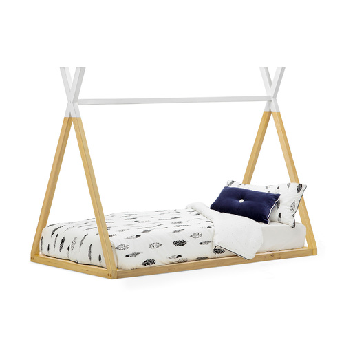 Teepee Kids Single Bed Frame, White & Natural Timber