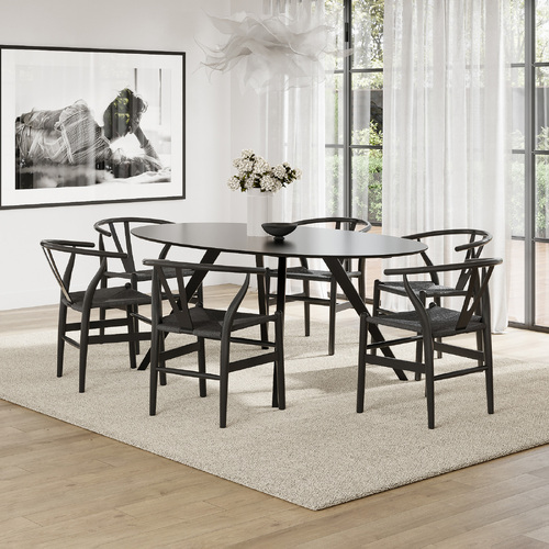 Carol 7 Piece Black Dining Set with Arche Oak Wishbone Chairs