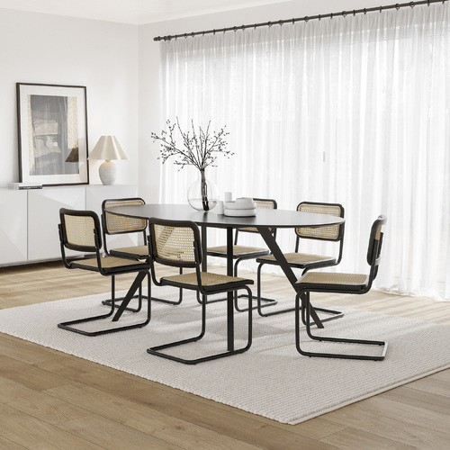 Carol 7 Piece Black Dining Set with Blaire Rattan Cantilever Chairs