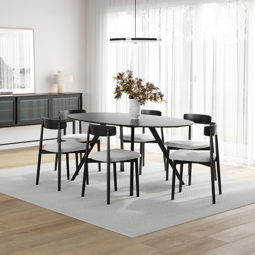 Carol 7 Piece Black Dining Set with Finn Black Grey Oak Chairs