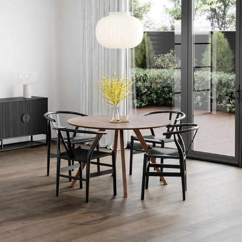 Milari 5 Piece Walnut Dining Set with Arche Black Oak Wishbone Chairs