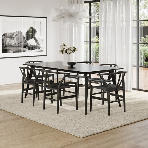 Bruno 7 Piece Black Dining Set with Arche Oak Wishbone Chairs