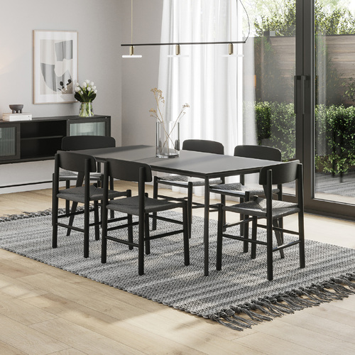 Bruno 7 Piece Black Dining Set with Isak Oak Chairs