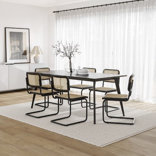Bruno 7 Piece Black Dining Set with Blaire Rattan Cantilever Chairs