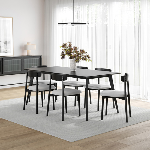 Bruno 7 Piece Black Dining Set with Finn Black Grey Oak Chairs