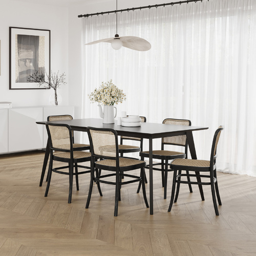 Bruno 7 Piece Black Dining Set with Prague Rattan Bentwood Chairs