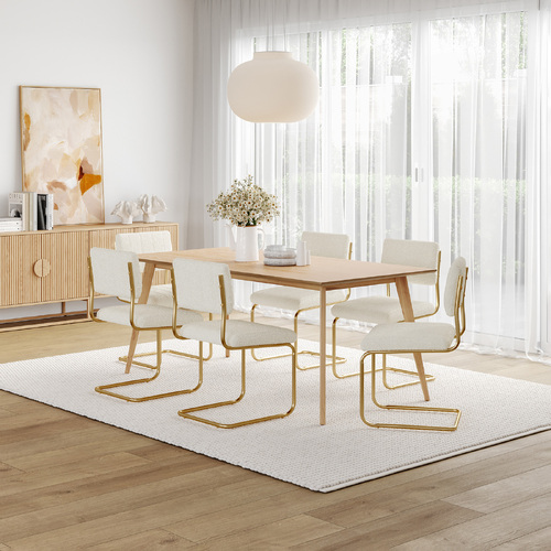 Bruno 7 Piece Dining Set with Myah Boucle Gold Cantilever Chairs