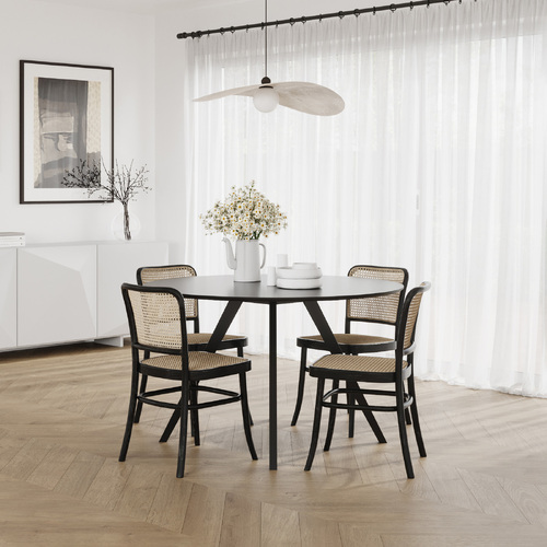 Milari 5 Piece Black Dining Set with Prague Rattan Bentwood Chairs