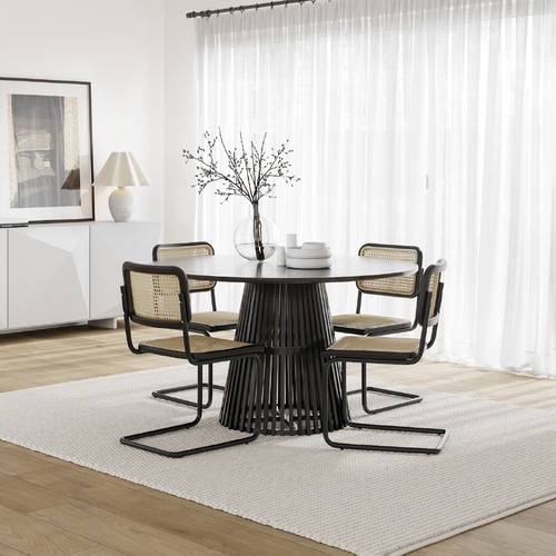Pedie 5 Piece Black Dining Set with Blaire Rattan Cantilever Chairs